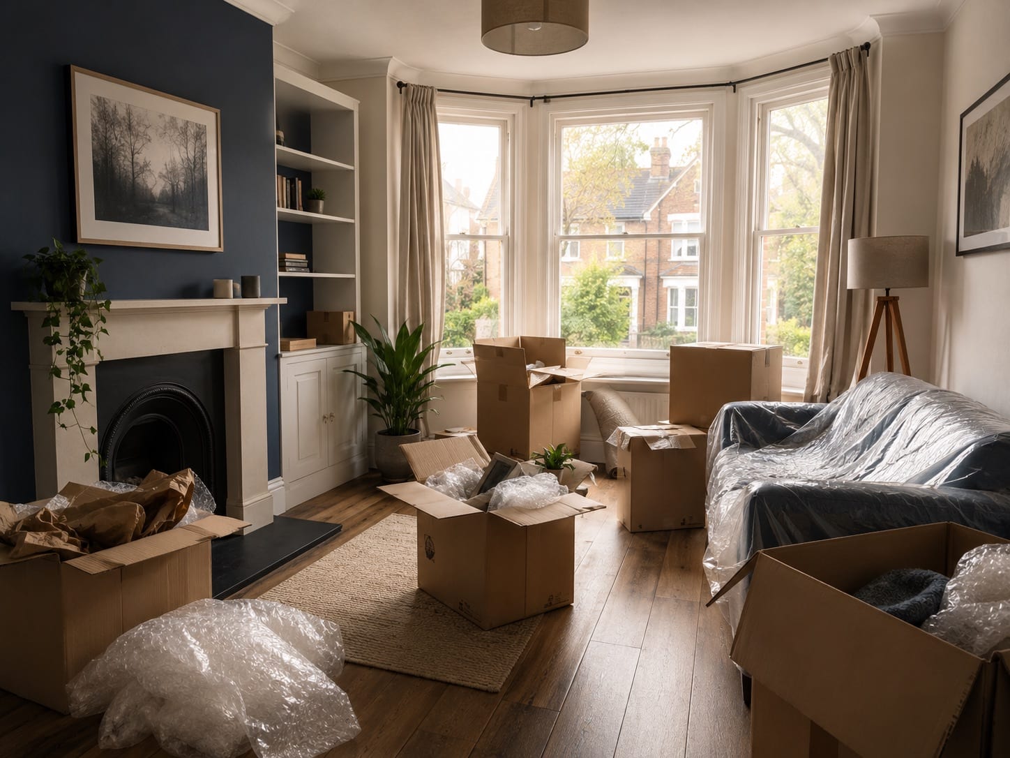 Living room mid-pack with boxes and wrapped furniture